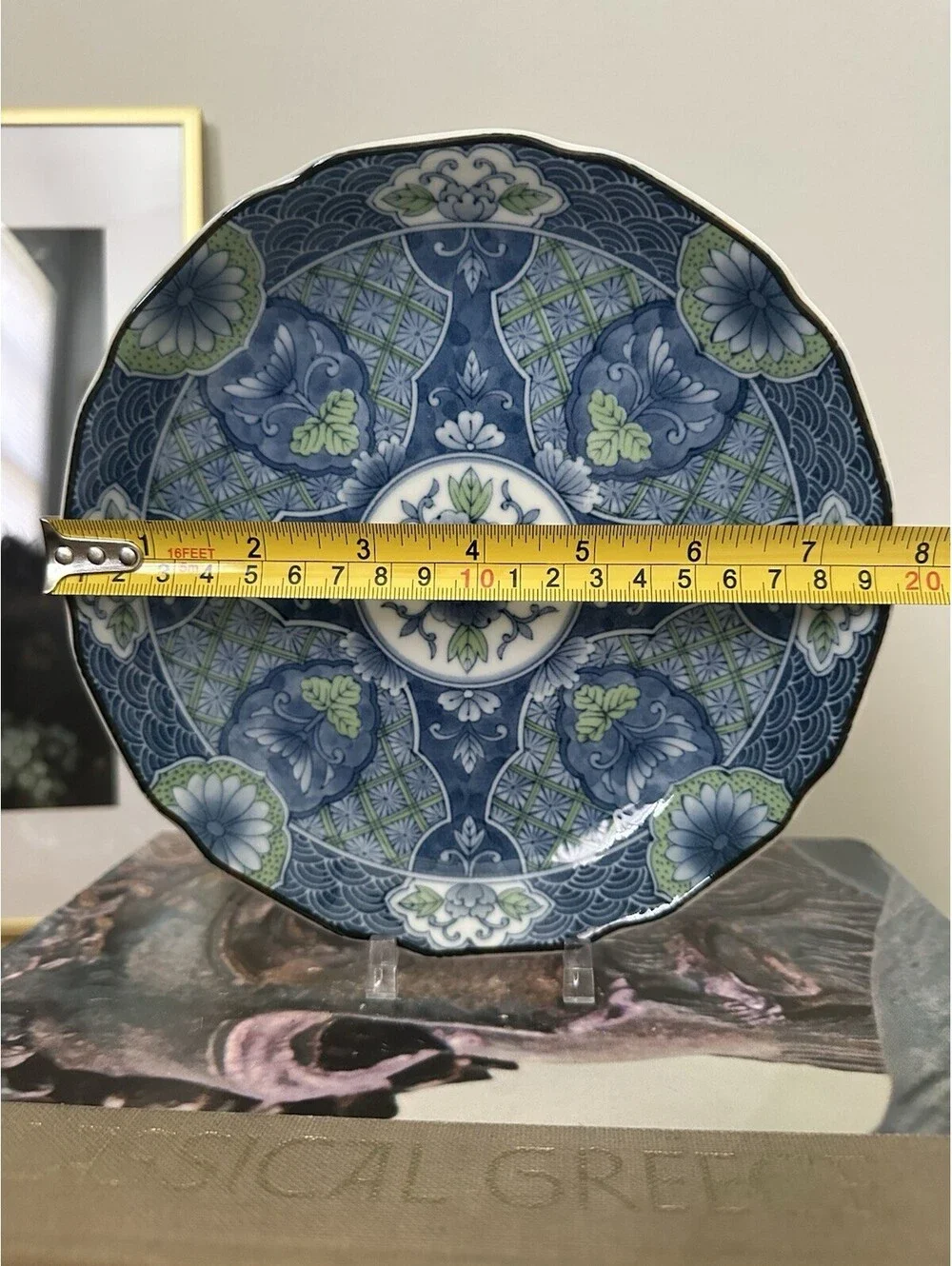 Vintage Japanese Porcelain Shallow Bowl From Hijiri Gama Kiln Blue Green Floral